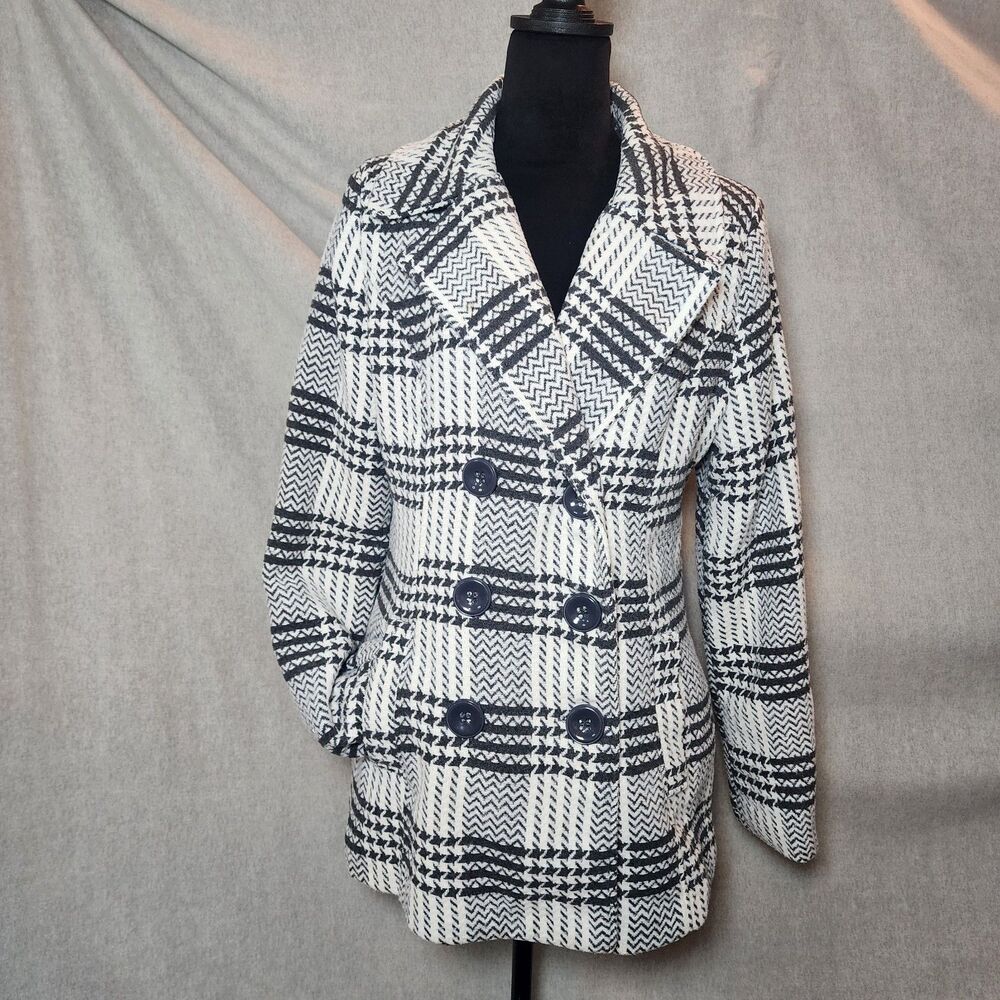 Larry Levine Women's Sz M Double-Breasted Black & White Plaid Pea Coat Warm Soft